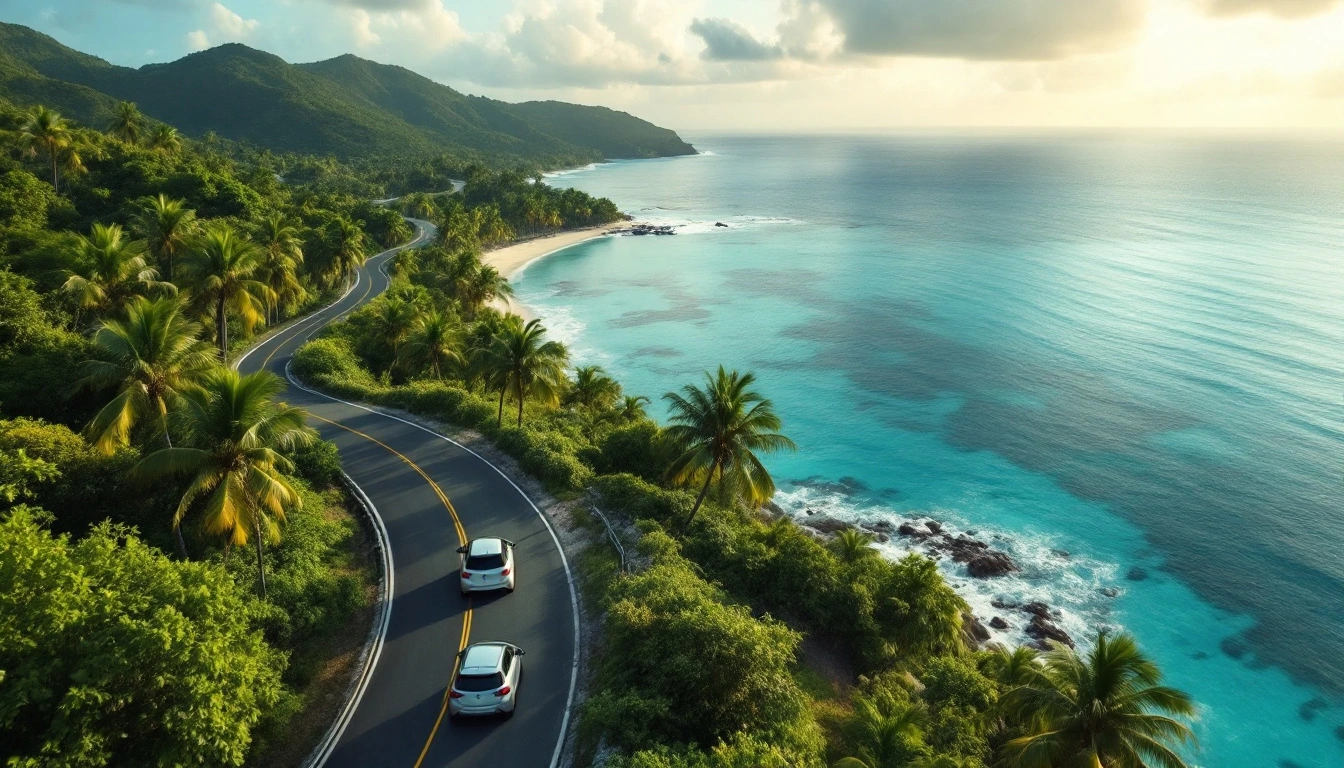 Route côtière en lacets dominant un lagon turquoise en Guadeloupe, vue aérienne