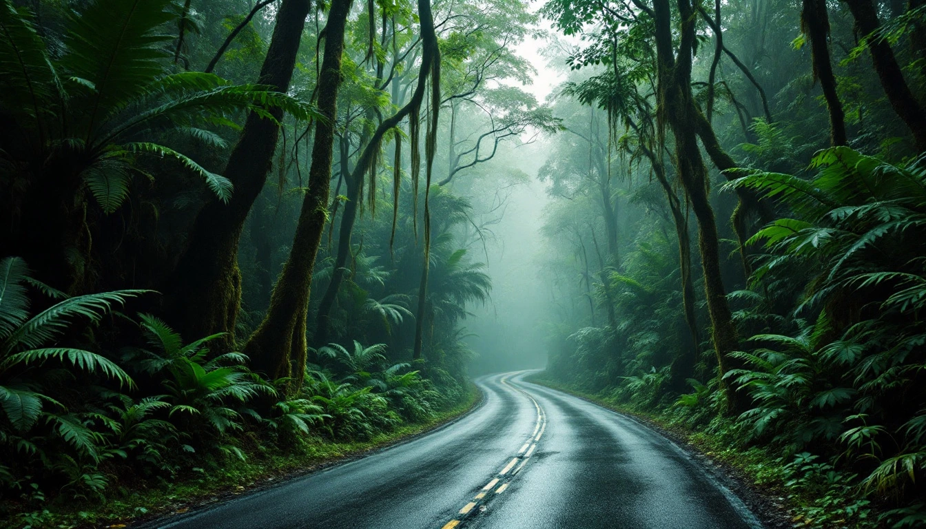 Route de montagne humide traversant la forêt tropicale du parc national de la Guadeloupe