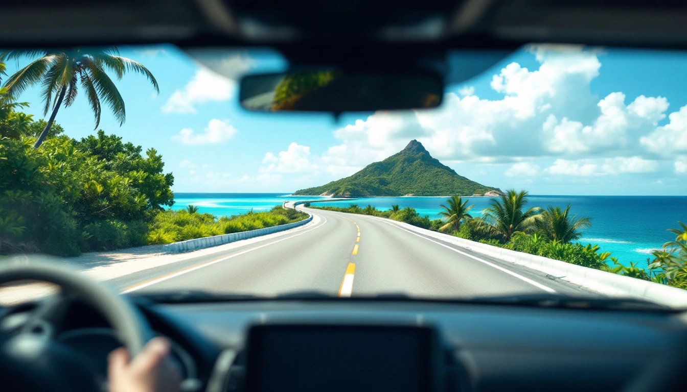 Vue depuis l'intérieur d'une voiture sur la route littorale face au lagon turquoise, en Guadeloupe