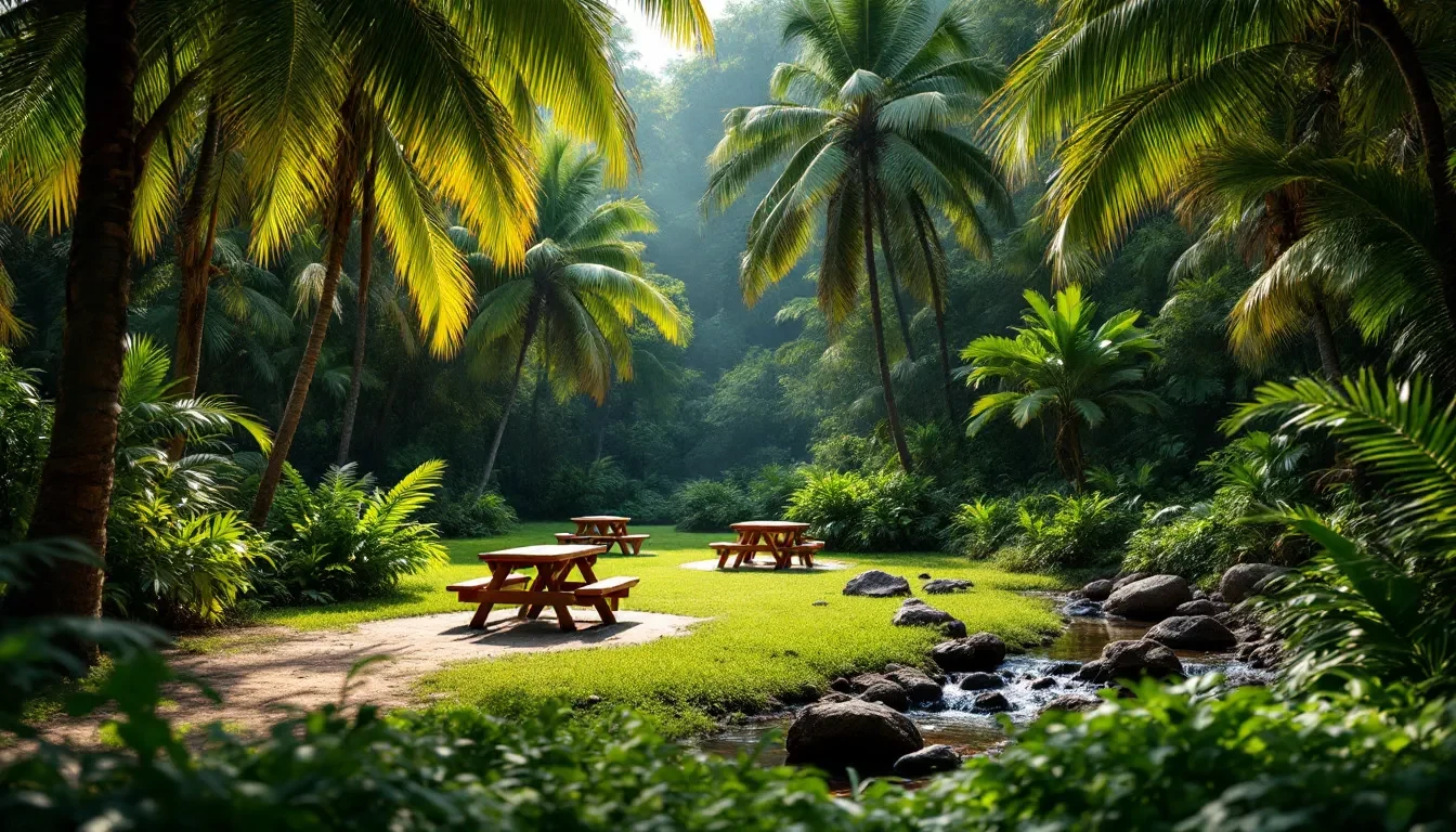 Aire de pique-nique ombragée avec tables en bois au bord d’un ruisseau, sous les cocotiers d’une clairière tropicale