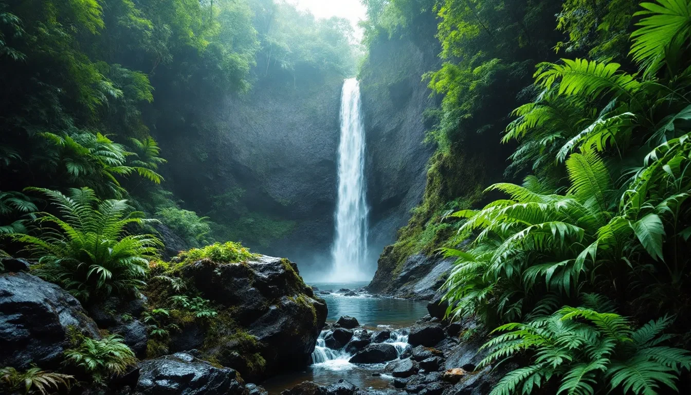 Cascade haute tombant d’une seule traite dans une vasque rocheuse au milieu de la forêt tropicale humide