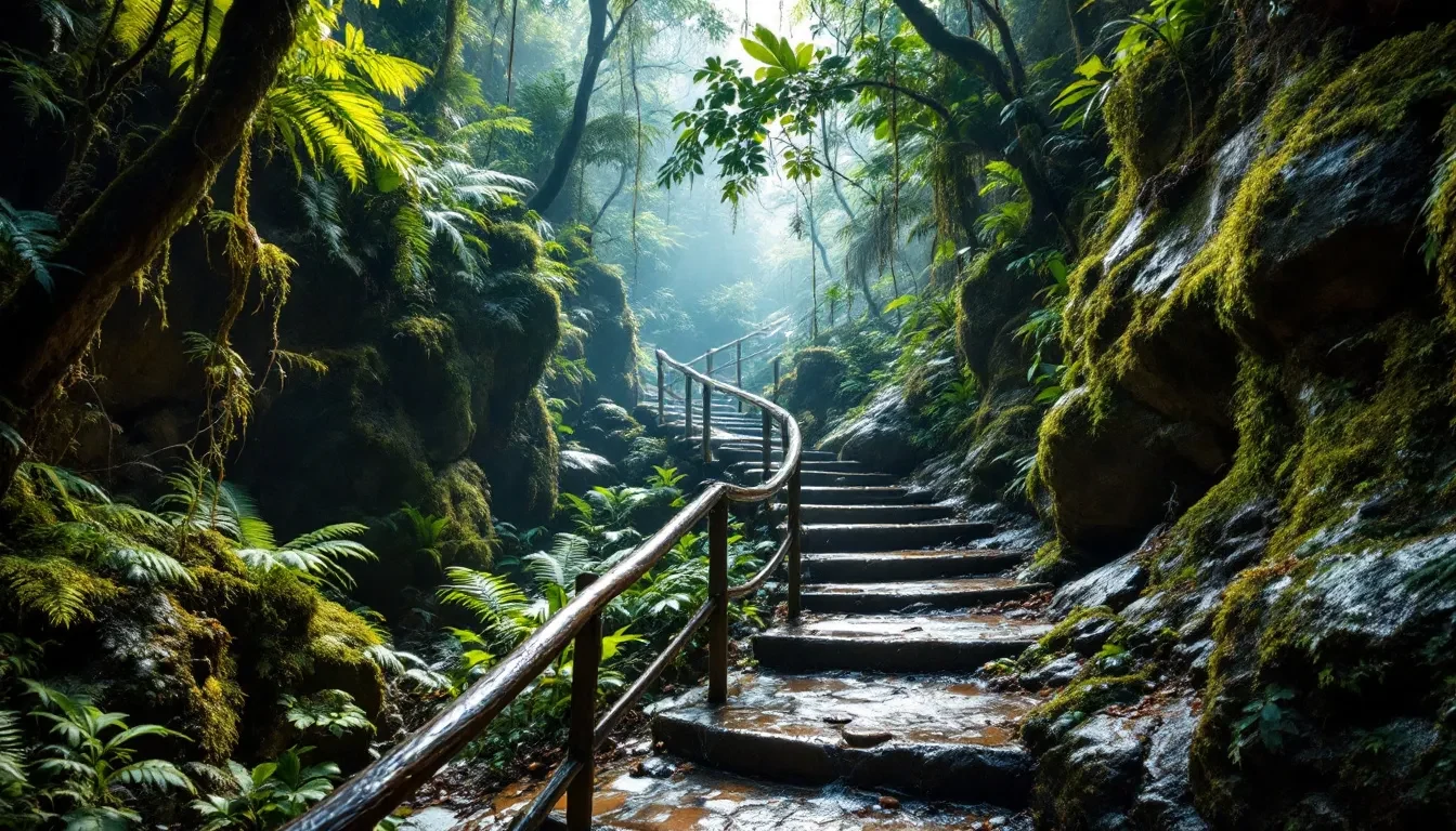 Sentier aménagé en marches de pierre avec rambarde en bois montant dans la forêt tropicale
