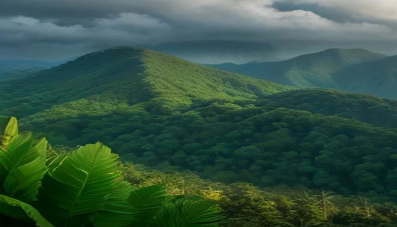 Mornes boisés de la Basse-Terre vus depuis un point de vue de la route de la Traversée