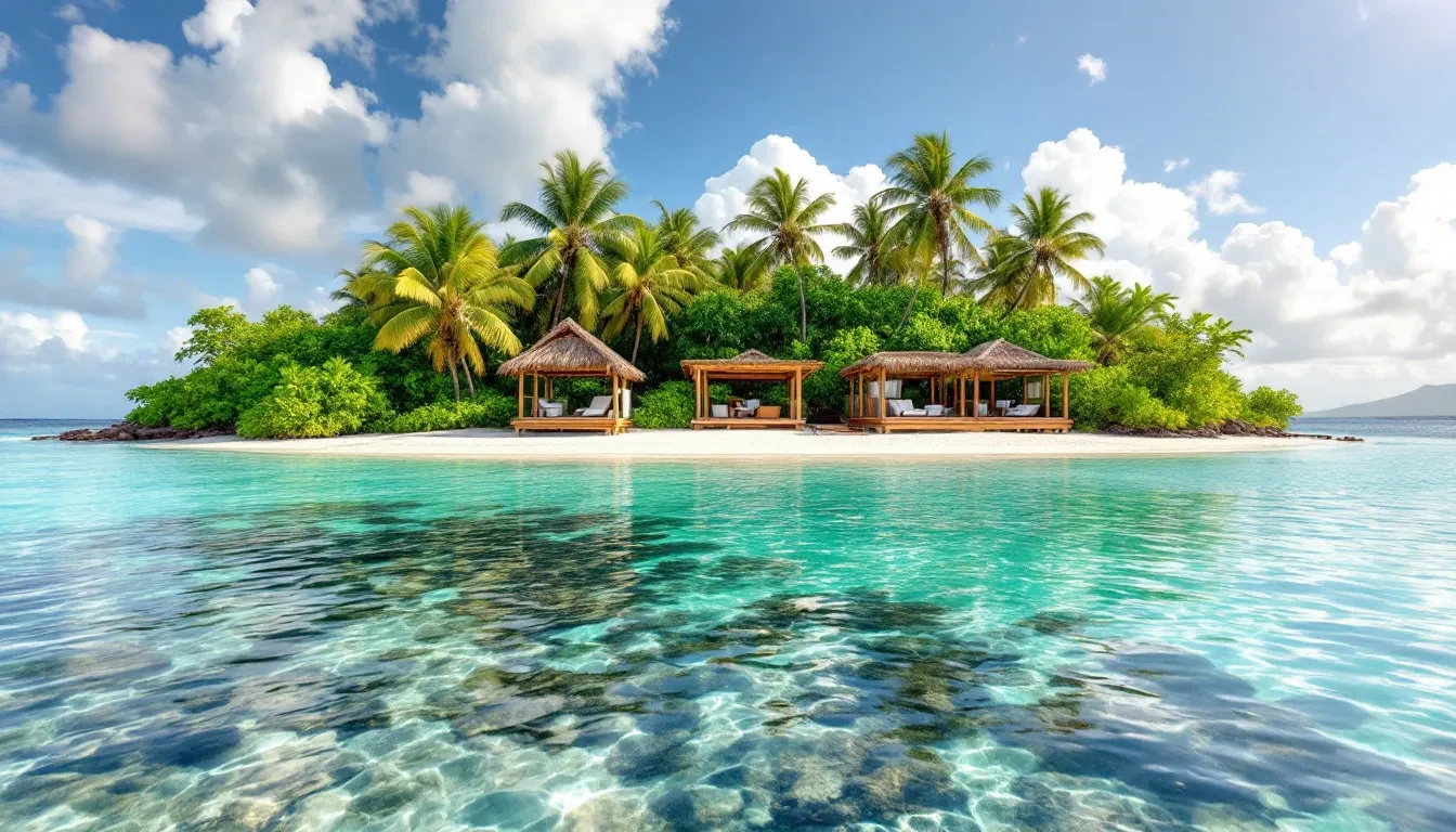 Plage de sable blanc de l’îlet avec ses carbets en bois sous les cocotiers et une eau turquoise à faible profondeur