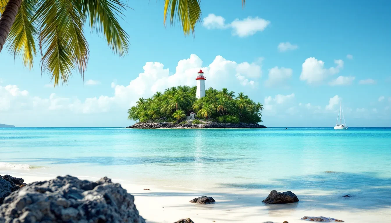 Îlet du Gosier et son phare blanc coiffé de rouge vus depuis le rivage, lagon turquoise et sable blanc au premier plan