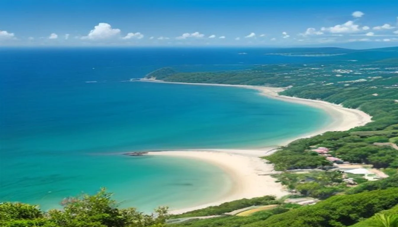 Vue sur la baie des Saintes et ses îlots depuis les hauteurs de Terre-de-Haut, en Guadeloupe
