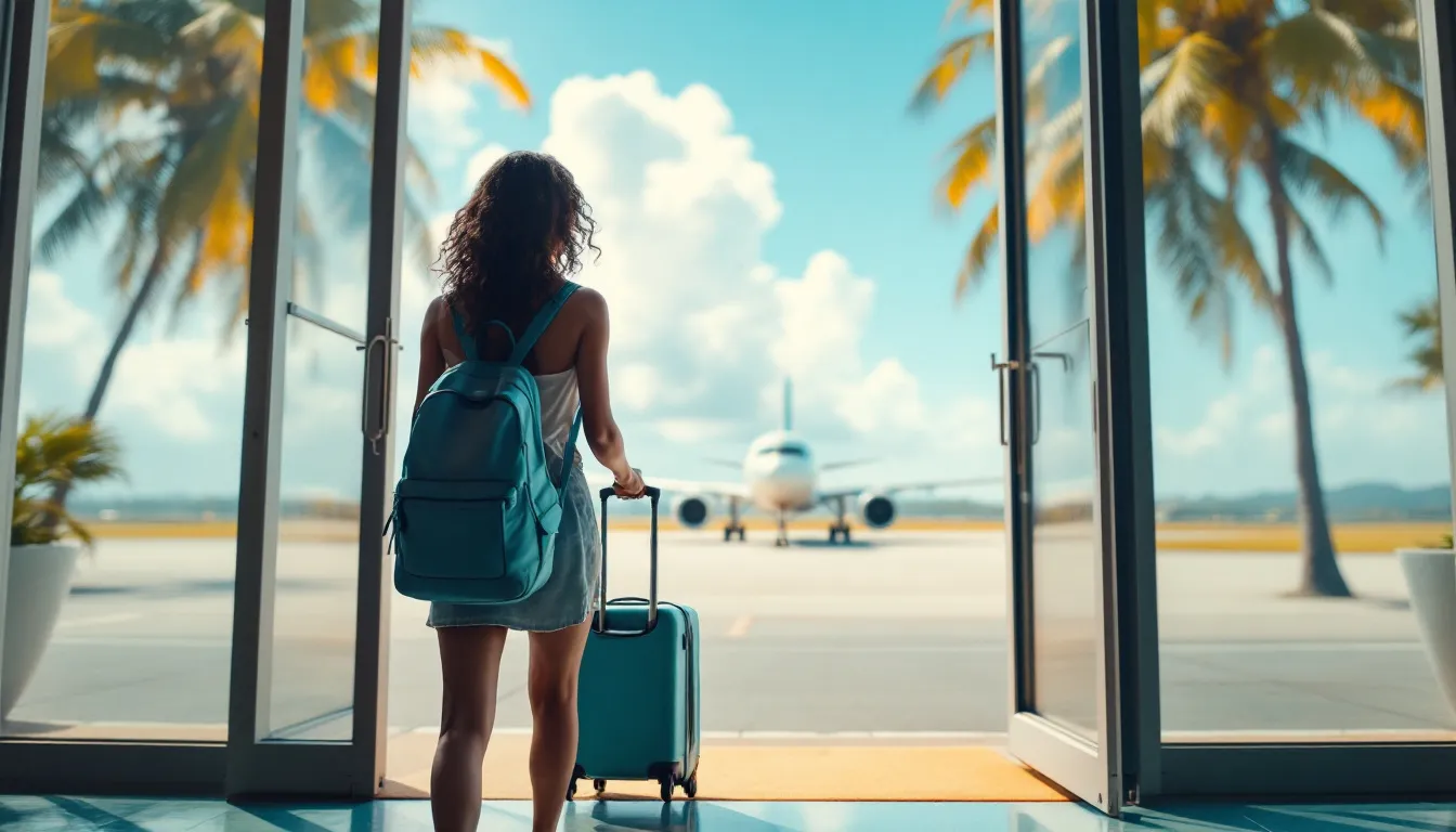 Voyageuse avec sac à dos et valise devant les portes vitrées du terminal, avion sur le tarmac en arrière-plan