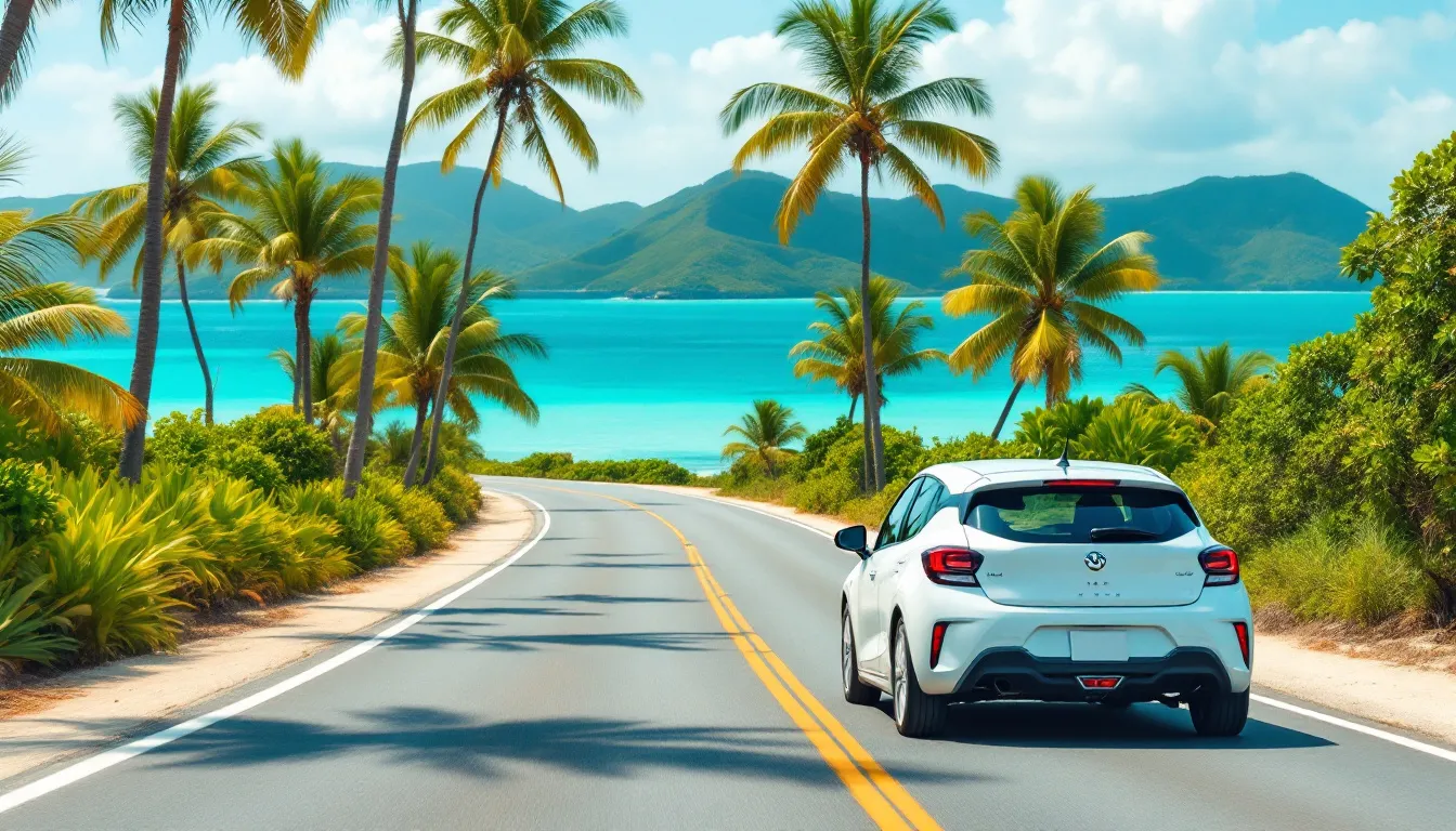 Citadine blanche de location sur une route côtière de Guadeloupe, palmiers, mer turquoise et mornes verdoyants en arrière-plan