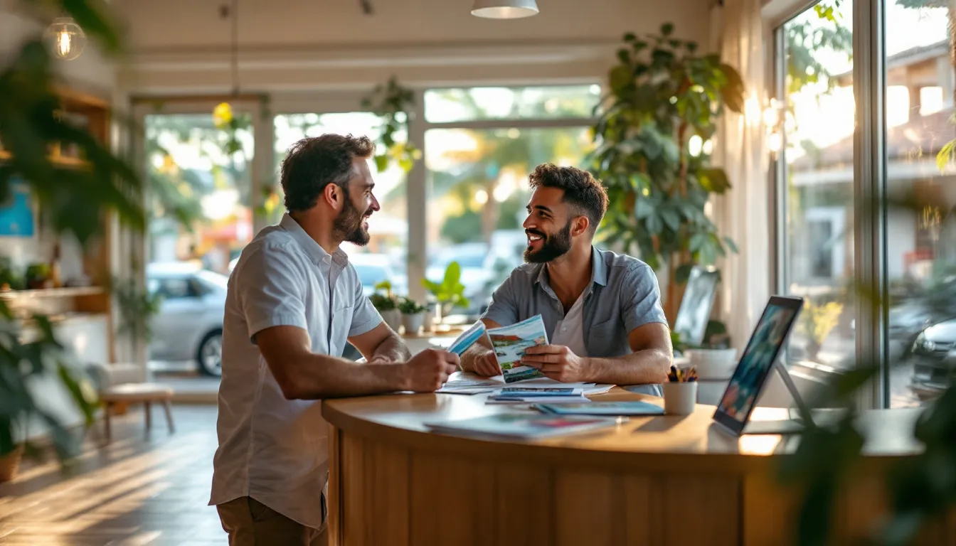 Deux voyageurs et un agent devant le comptoir d'une agence de location de voitures en Guadeloupe, brochures de l'île sur le comptoir