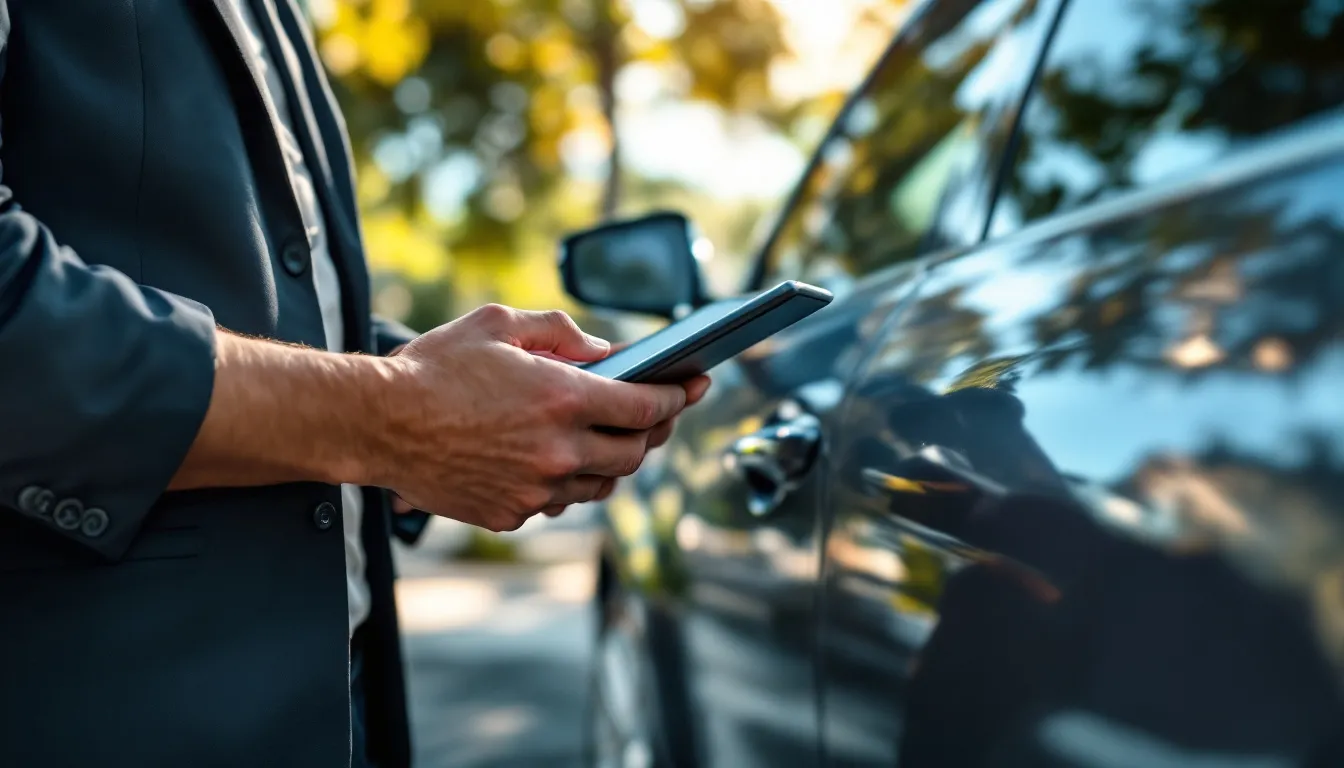 Contrôle d'une voiture de location à l'aide d'un téléphone, portière ouverte, pendant l'état des lieux en Guadeloupe