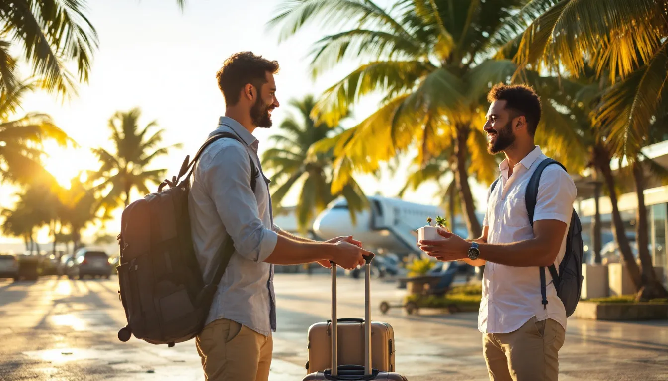 Deux voyageurs avec leurs bagages devant le terminal de l'aéroport Pôle Caraïbes en Guadeloupe, palmiers et avion en arrière-plan