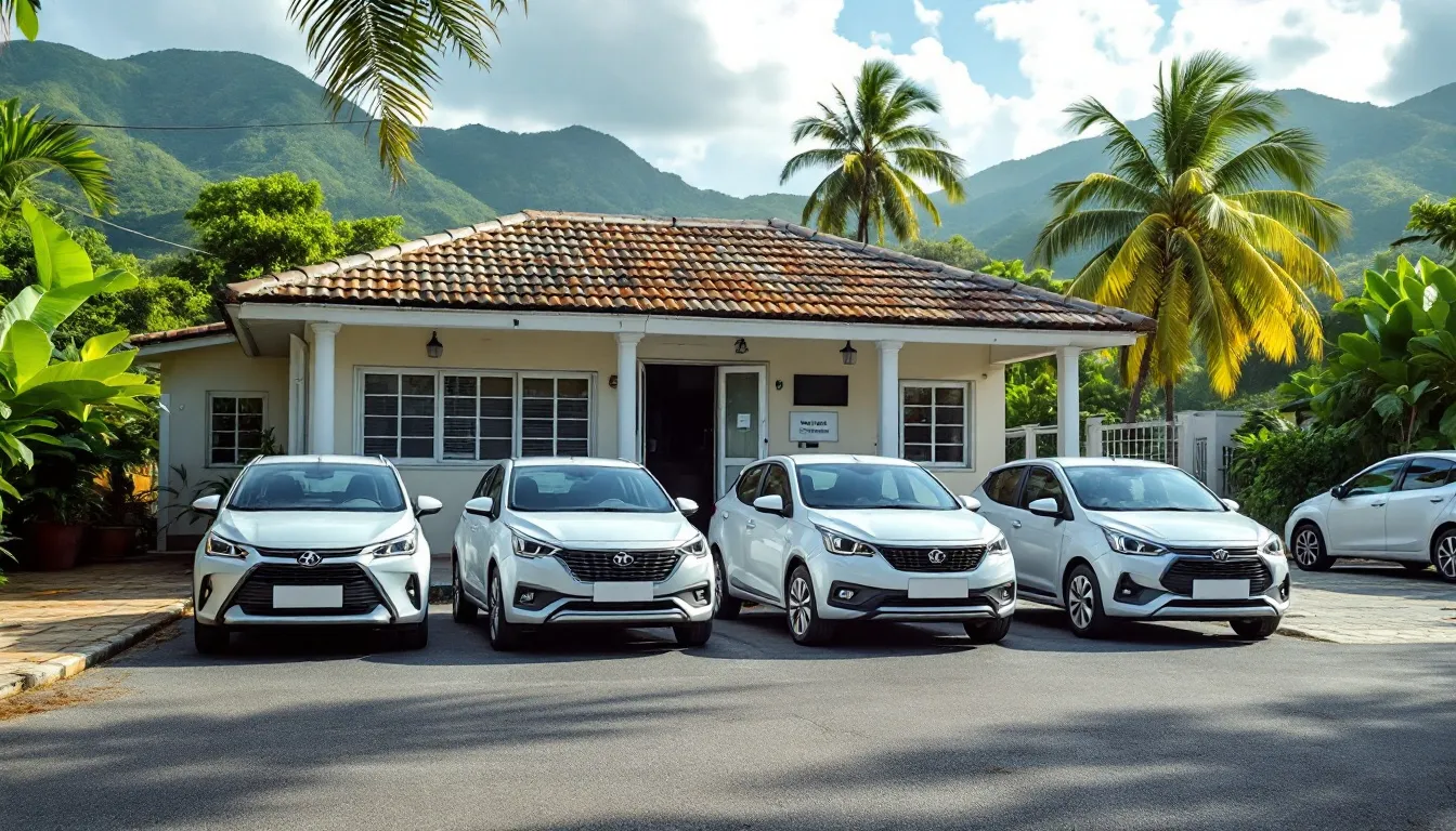 Quatre citadines blanches alignées sur le parking d'une agence de location, mornes verdoyants en arrière-plan en Guadeloupe