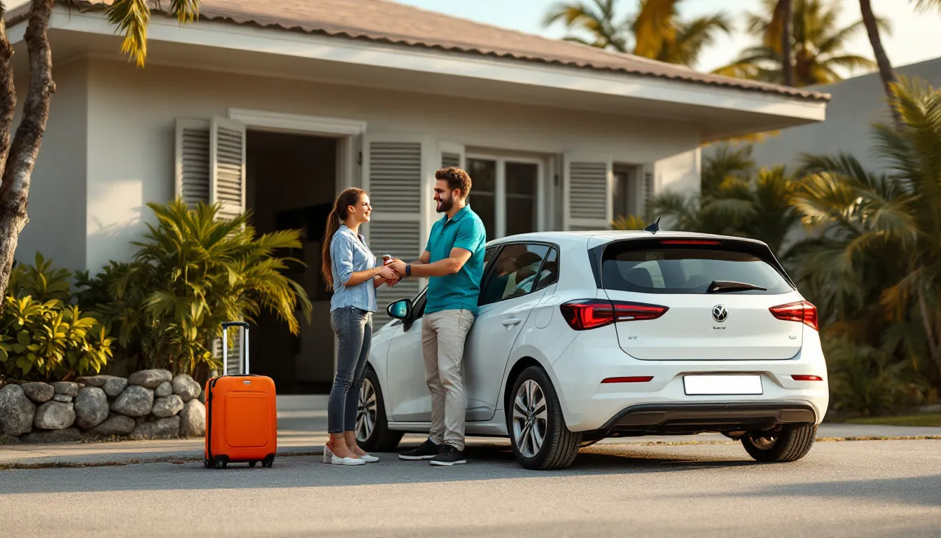 Remise des clés d'une citadine blanche devant une maison créole à volets, valise orange posée au sol, en Guadeloupe