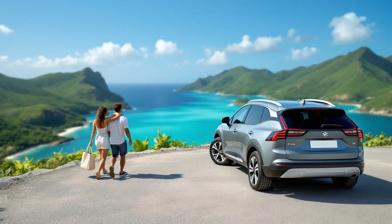 SUV gris de location garé sur un belvédère au-dessus d'une baie turquoise, un couple avec un sac de toile à côté