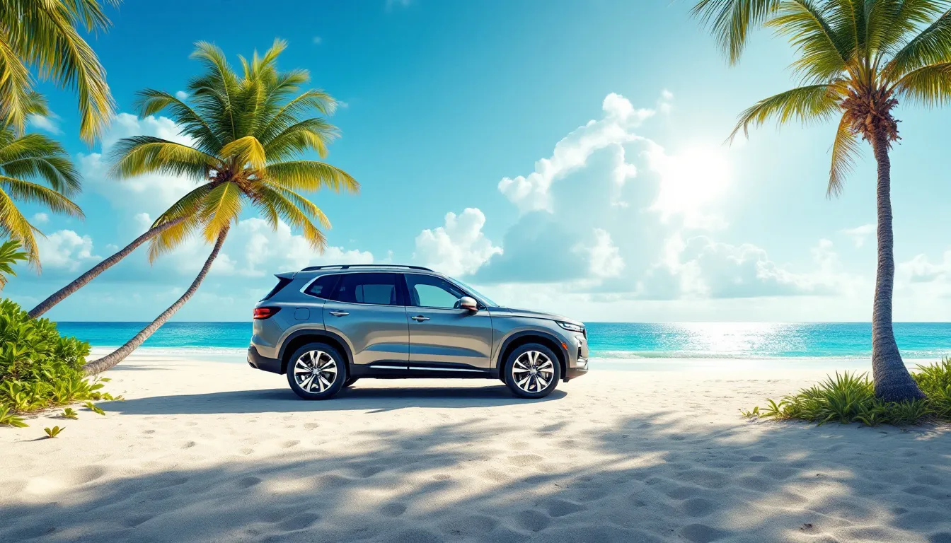 SUV de location gris stationné face à la plage sur la côte atlantique de la Guadeloupe