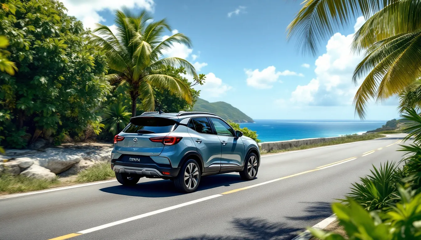 SUV de location bleu-gris sur la route de bord de mer, côte atlantique de la Guadeloupe