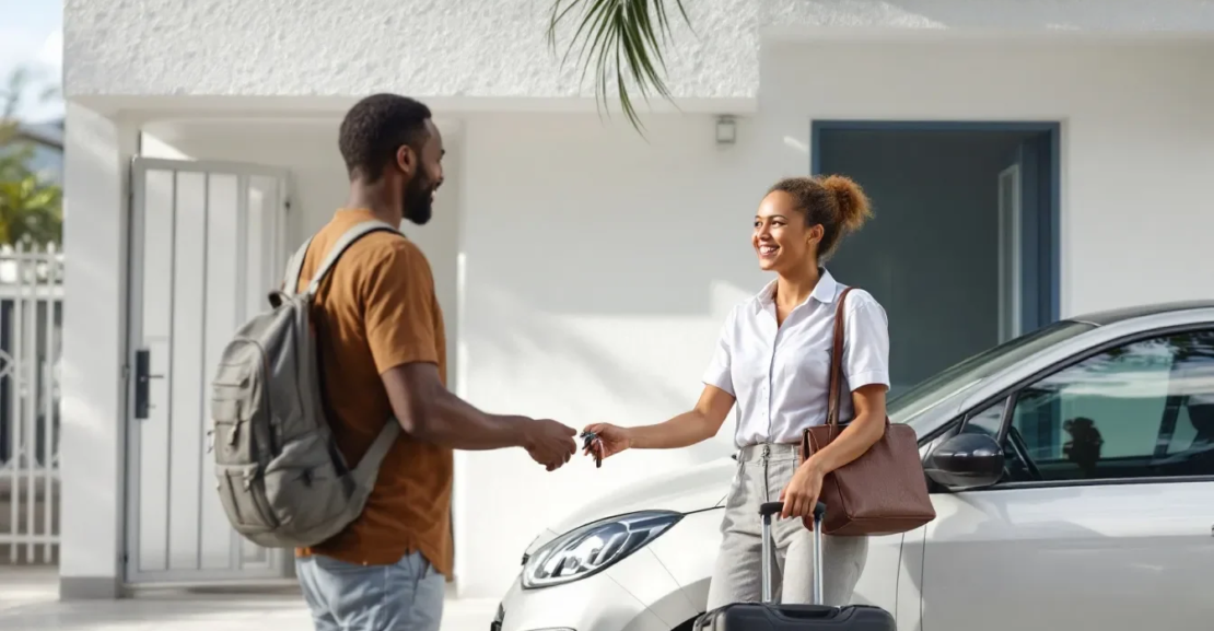 Remise des clés d’une voiture de location à un voyageur et sa valise, devant l’agence en Guadeloupe
