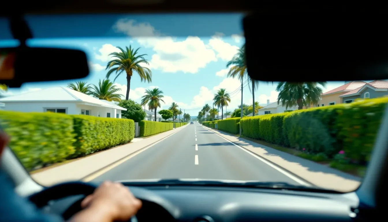 Vue depuis l’habitacle d’une voiture de location sur une route résidentielle bordée de haies, en Guadeloupe