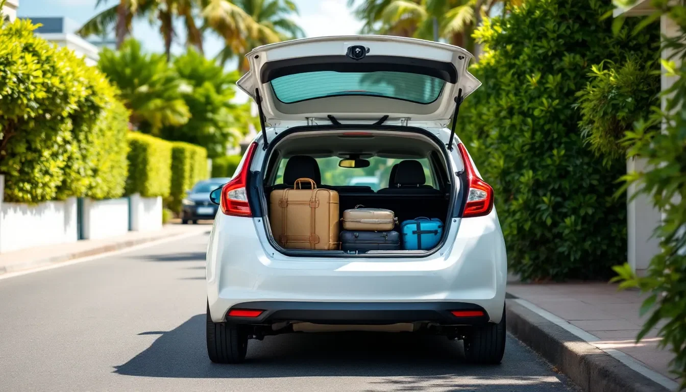 Voiture de location stationnée le long du trottoir, coffre ouvert au moment de charger les bagages