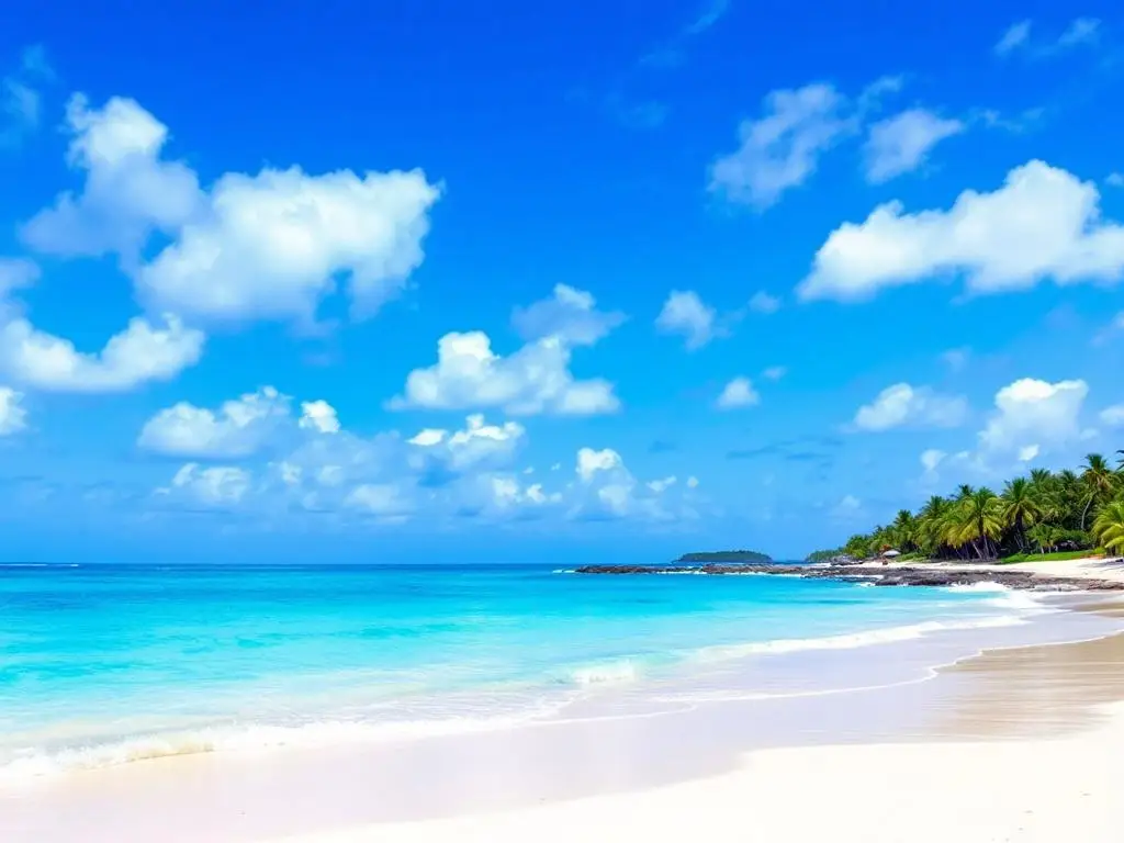 Plage de sable blanc bordée de cocotiers et eau turquoise sur la côte sud de la Grande-Terre en Guadeloupe