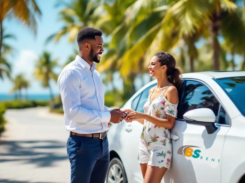 Remise des clés d’une voiture de location au logo BS Rent, couple sous les cocotiers face à la mer en Guadeloupe