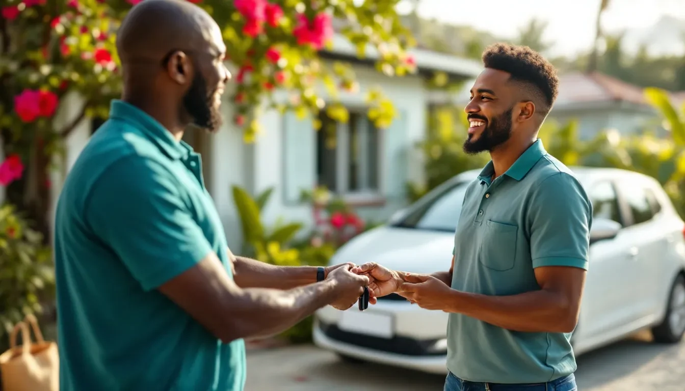 Remise des clés d’une voiture de location sur le parvis d’une maison créole en Guadeloupe