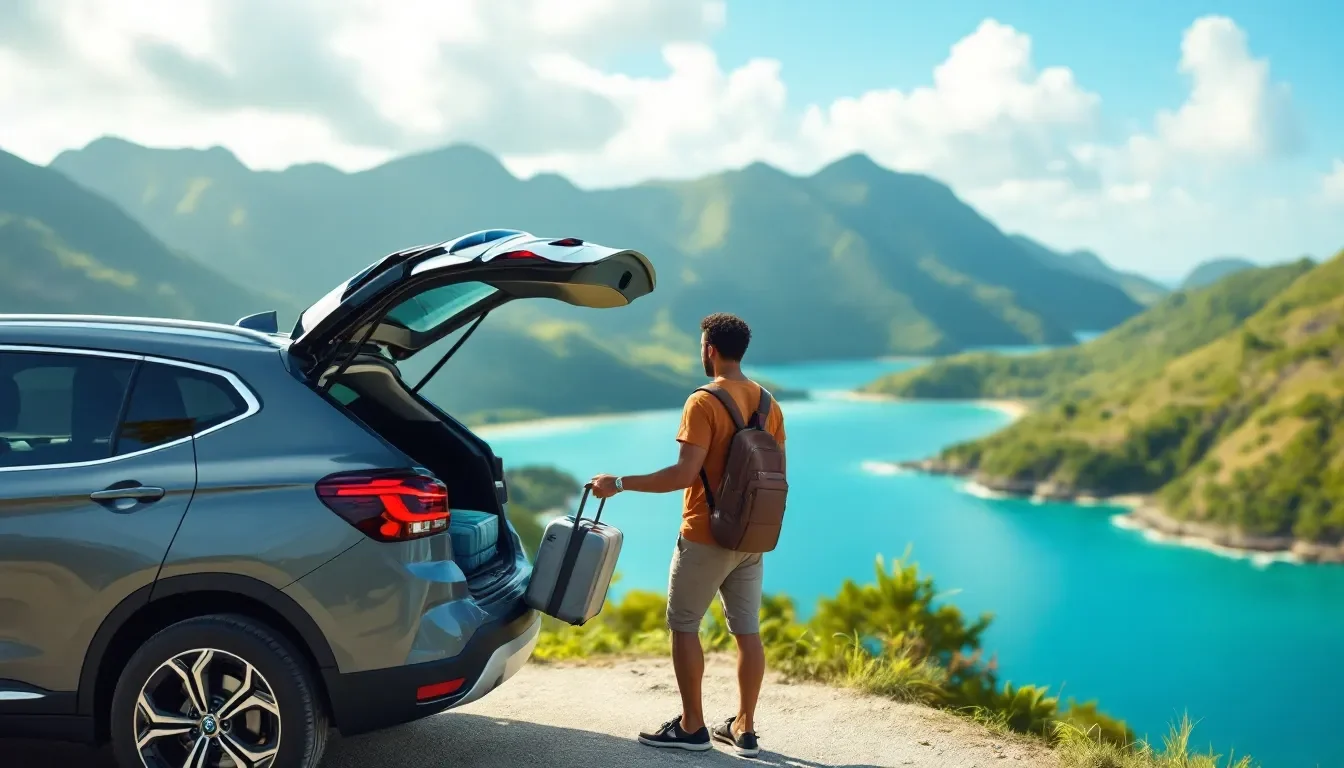 Voyageur chargeant sa valise dans le coffre ouvert d’un SUV de location au-dessus d’une baie turquoise