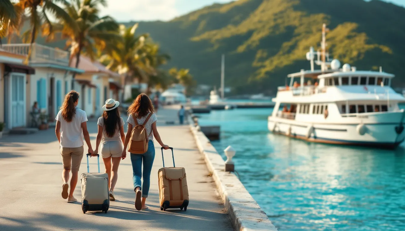 Trois voyageuses tirant leurs valises sur le quai, bateau de passagers amarré devant les maisons créoles, en Guadeloupe