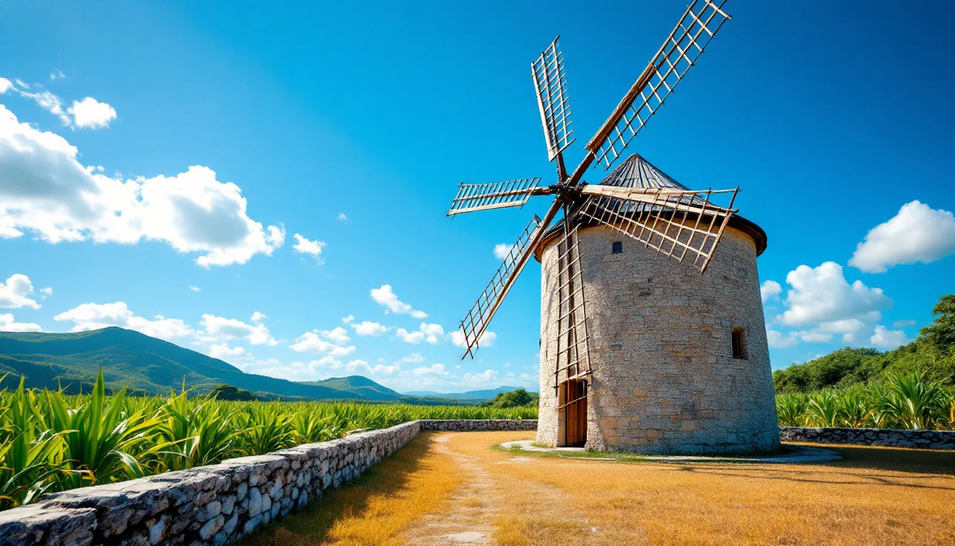 Moulin à sucre en pierre et ses ailes en bois au milieu des champs de canne, patrimoine sucrier de Marie-Galante