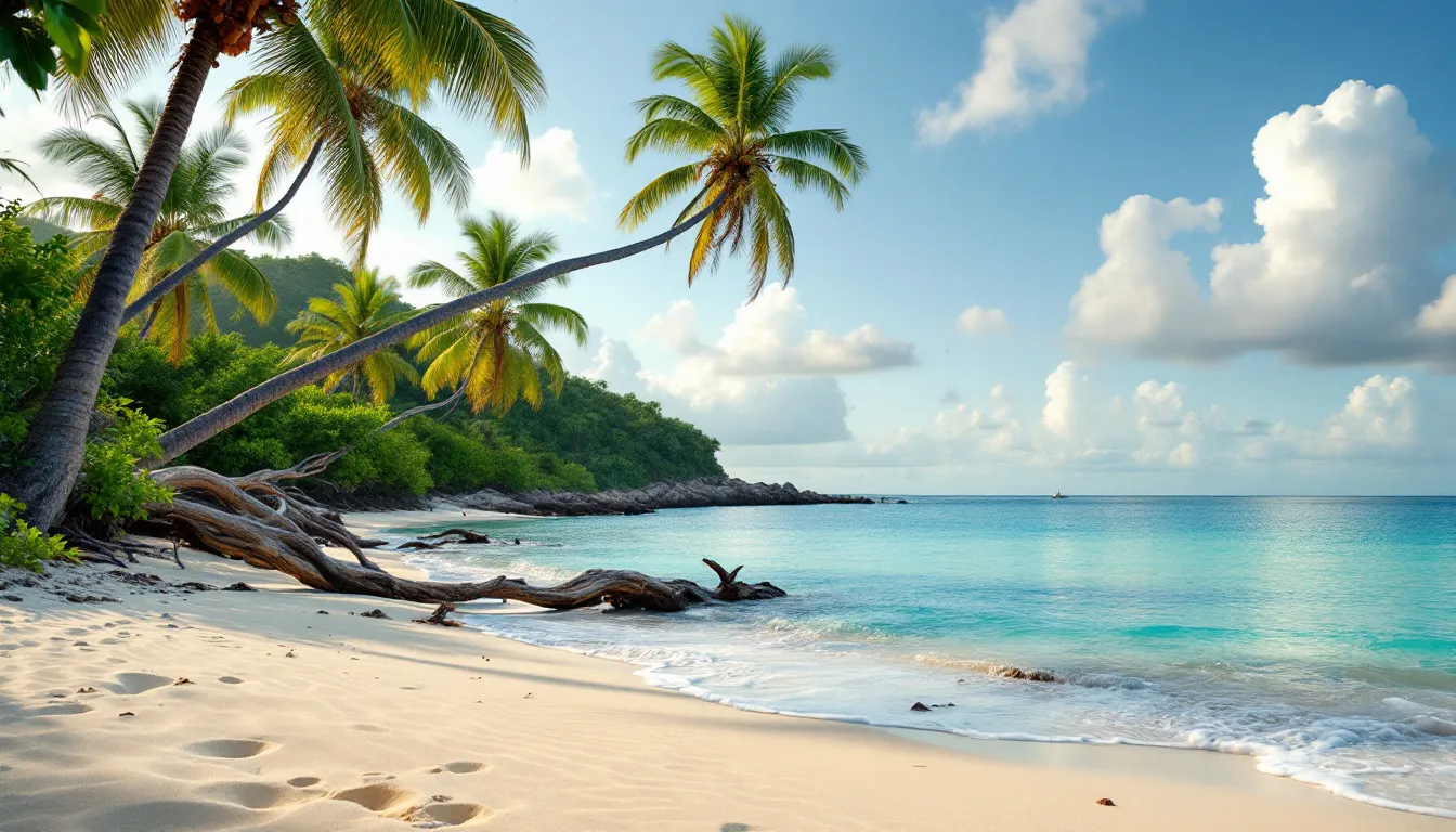 Plage sauvage de sable clair bordée de cocotiers penchés et de bois flotté, eaux turquoise des Antilles