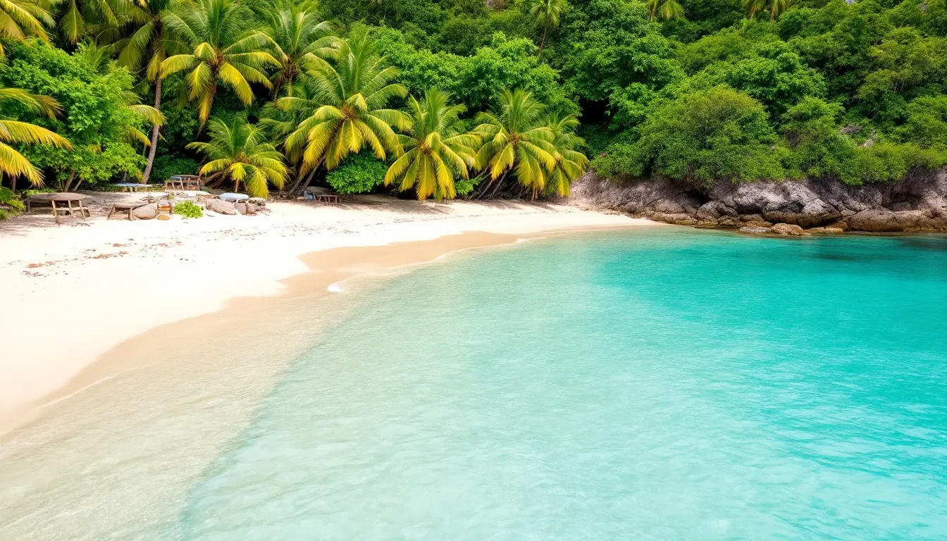 Petite crique abritée de Guadeloupe avec eau peu profonde et cocotiers penchés au-dessus du sable