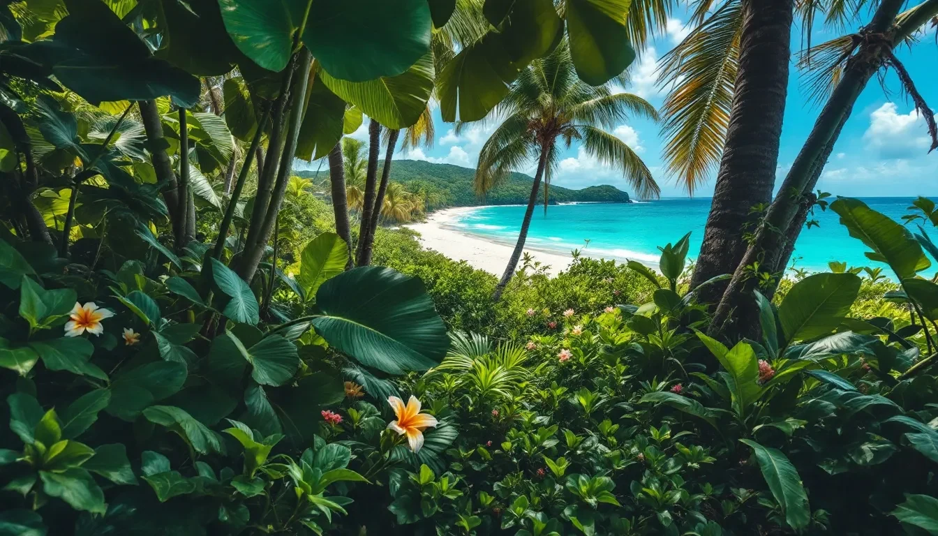Végétation littorale dense au bord d'une plage de l'archipel guadeloupéen, entre cocotiers et feuillages tropicaux
