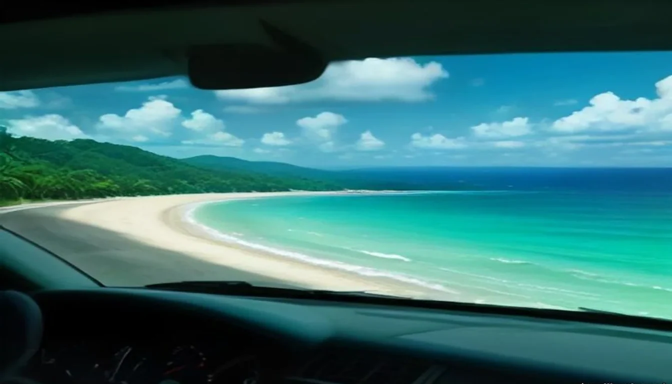 Vue depuis l’habitacle d’une voiture de location sur la route côtière, face à une baie turquoise en Guadeloupe