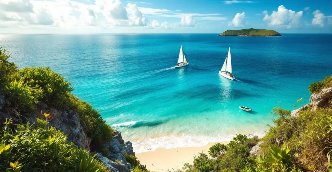 Voiliers au large sur une eau turquoise, vus depuis le littoral guadeloupéen