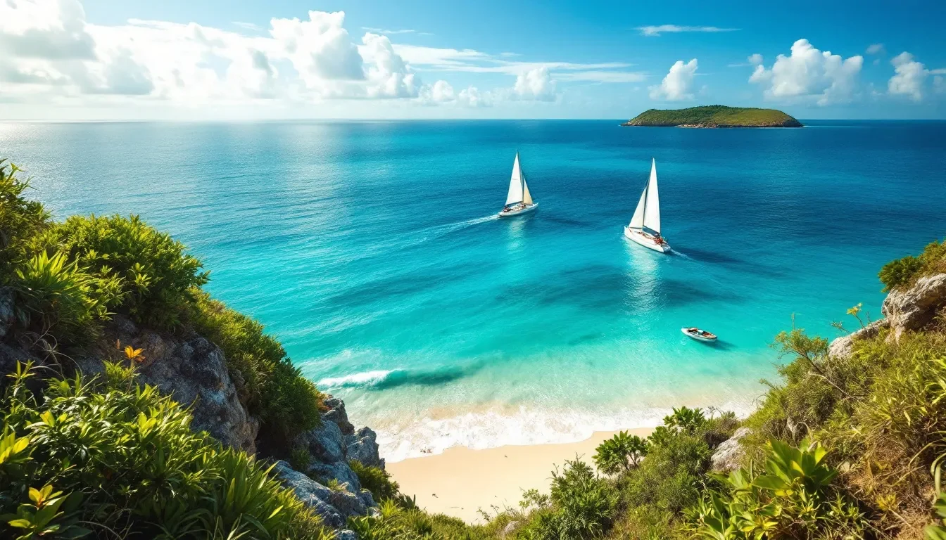 Voiliers au large sur une eau turquoise, vus depuis le littoral guadeloupéen
