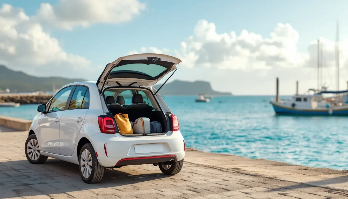 Voiture de location stationnée sur le quai, coffre ouvert avec les bagages, face à la mer en Guadeloupe