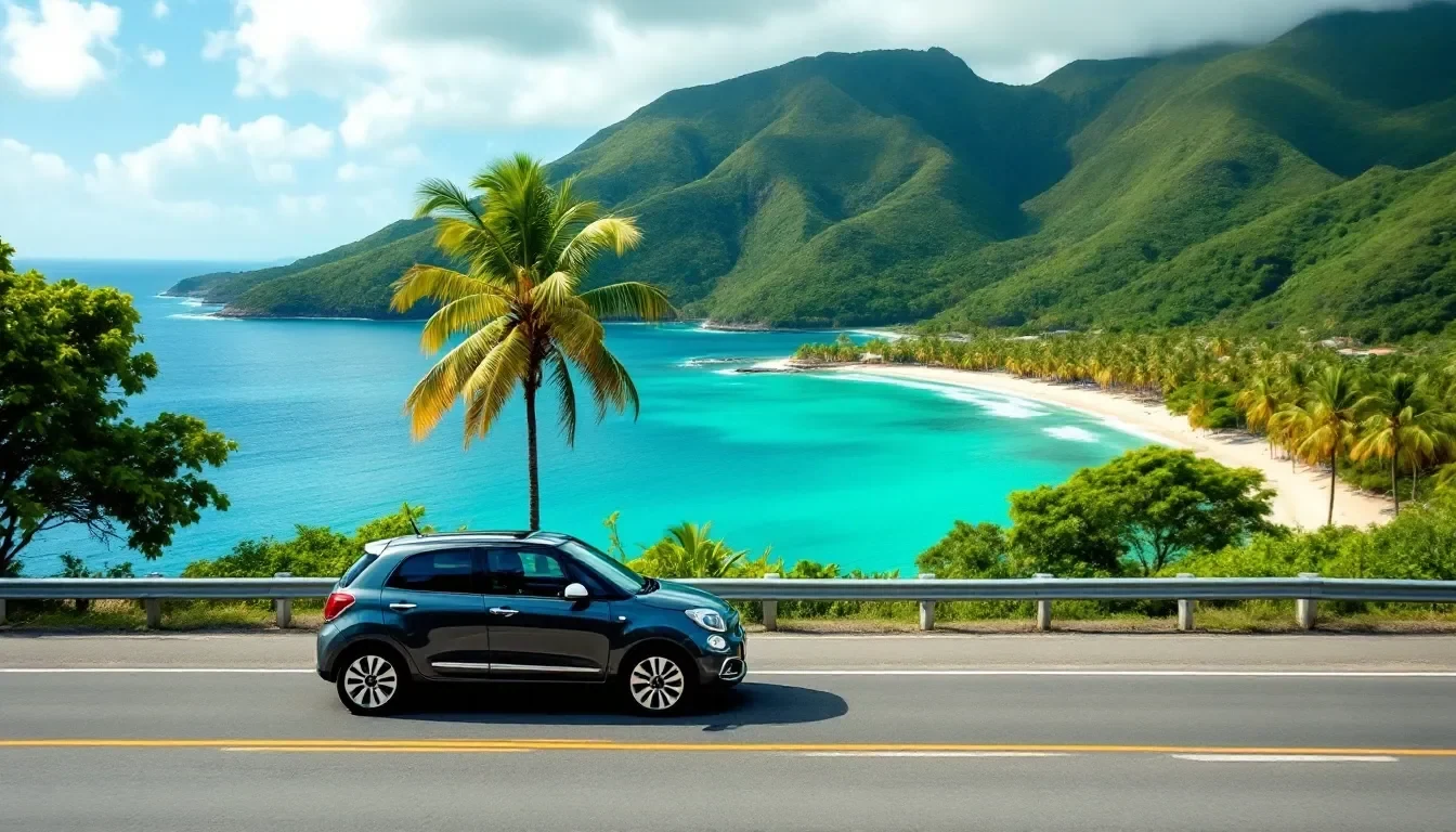 Voiture de location sur une route littorale dominant la baie turquoise, en Guadeloupe