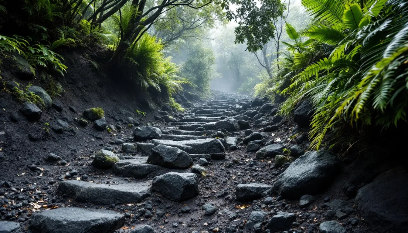 Sentier de pierres volcaniques montant entre fougères arborescentes et végétation rase d’altitude